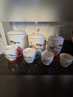 Chirping Bird Ceramic Canister and Measuring Cup Set